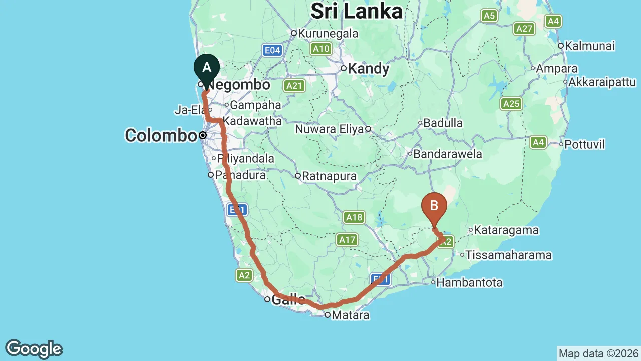 Route map: Colombo (CMB) Airport to Tranquil Wild, Yala
