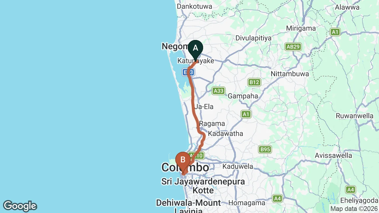 Route map: Colombo (CMB) Airport to Cinnamon Red, Colombo