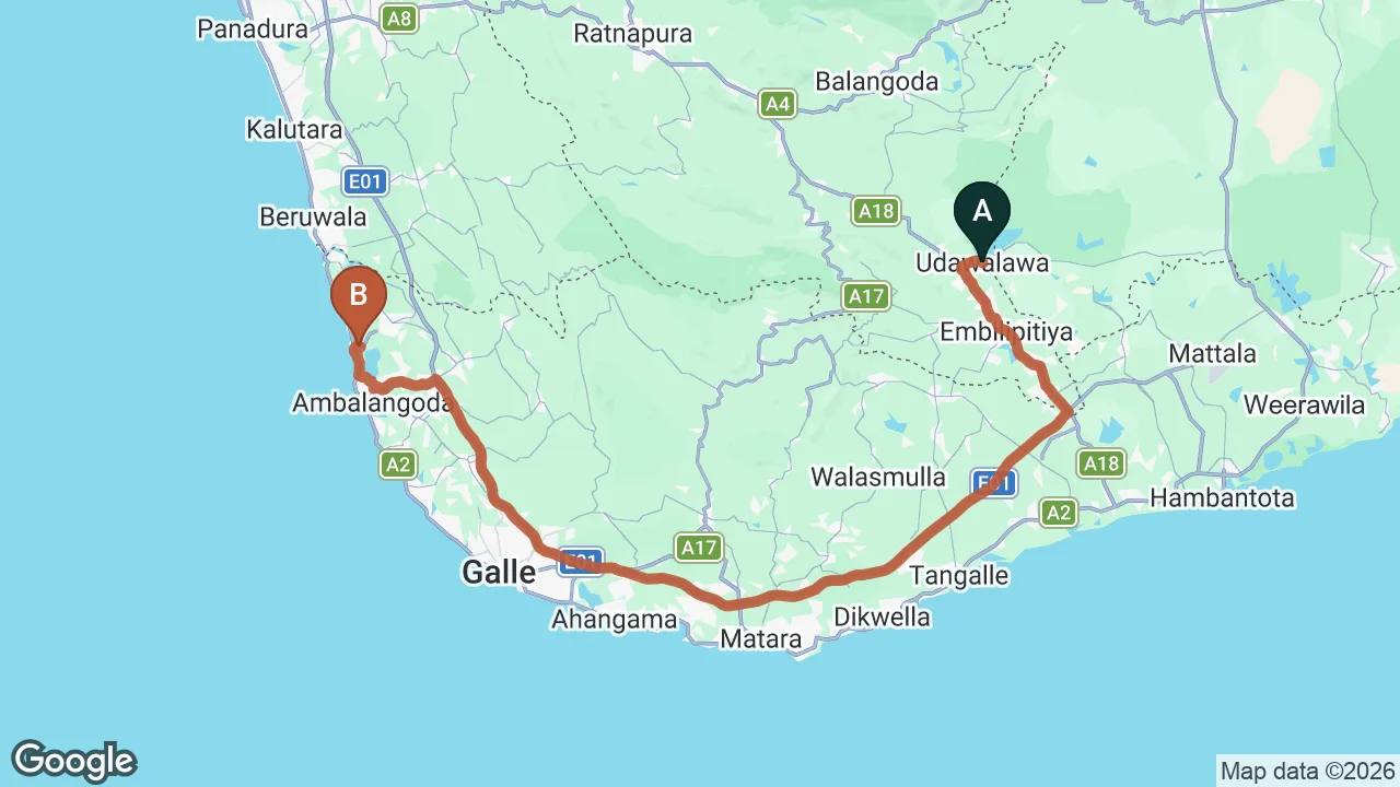 Route map: Udawalawe City to Ahungalla City
