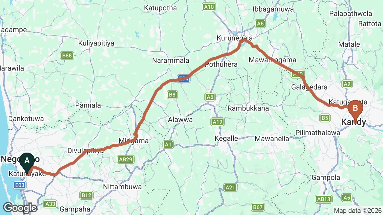Route map: Colombo (CMB) Airport to The Trees, Kandy