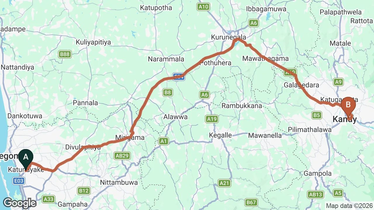 Route map: Colombo (CMB) Airport to Funk Bunks - By The Lake, Kandy, Kandy