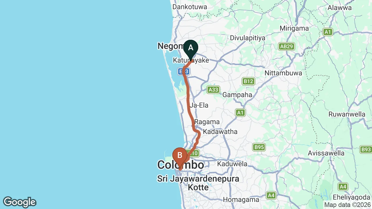 Route map: Colombo (CMB) Airport to Monsoon, Colombo