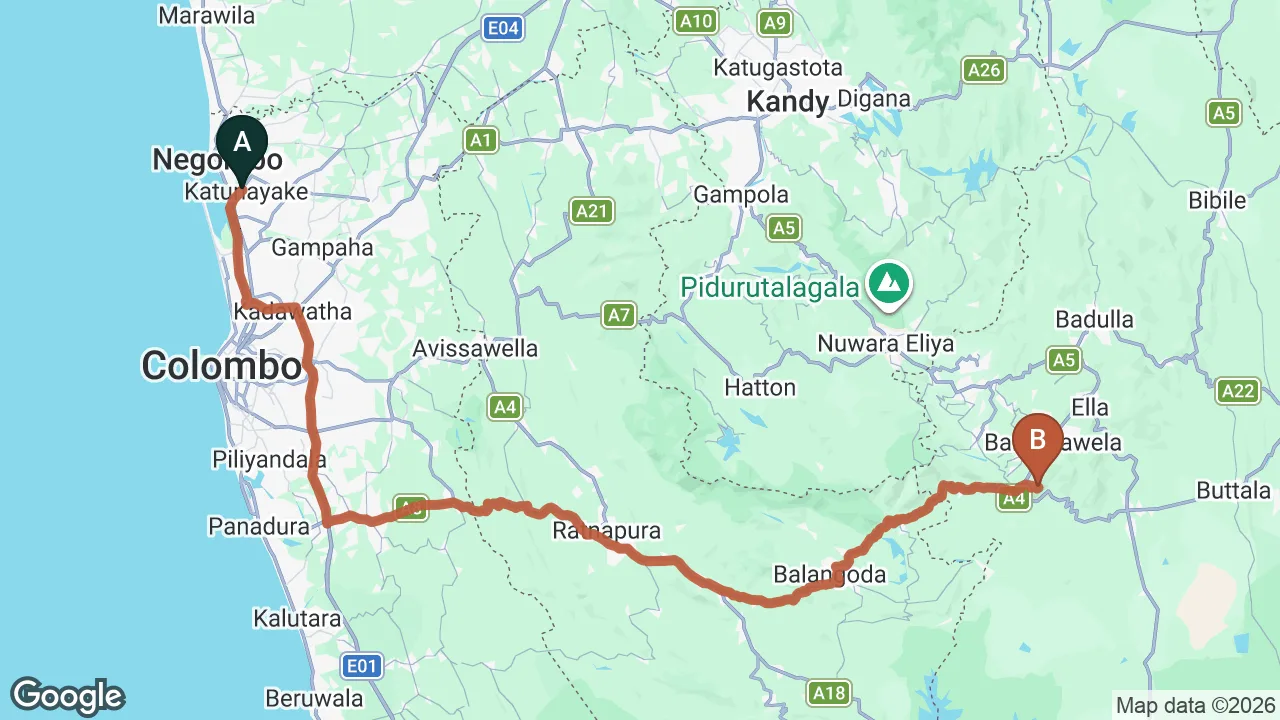 Route map: Colombo (CMB) Airport to White Monkey - Dias Rest, Haputale