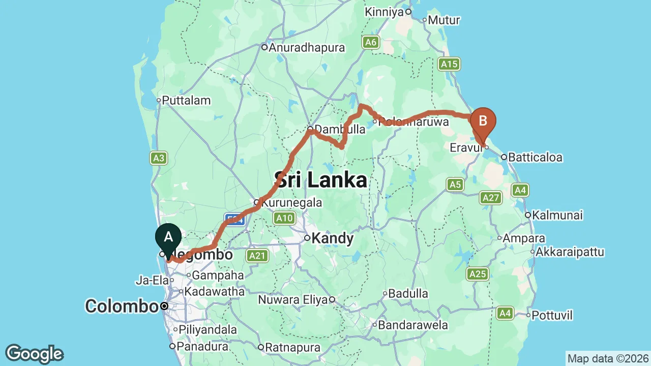 Route map: Colombo (CMB) Airport to Hotel Nirutha, Batticaloa