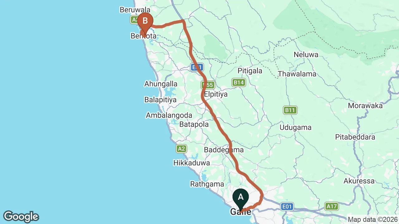 Route map: Galle City to Bentota City