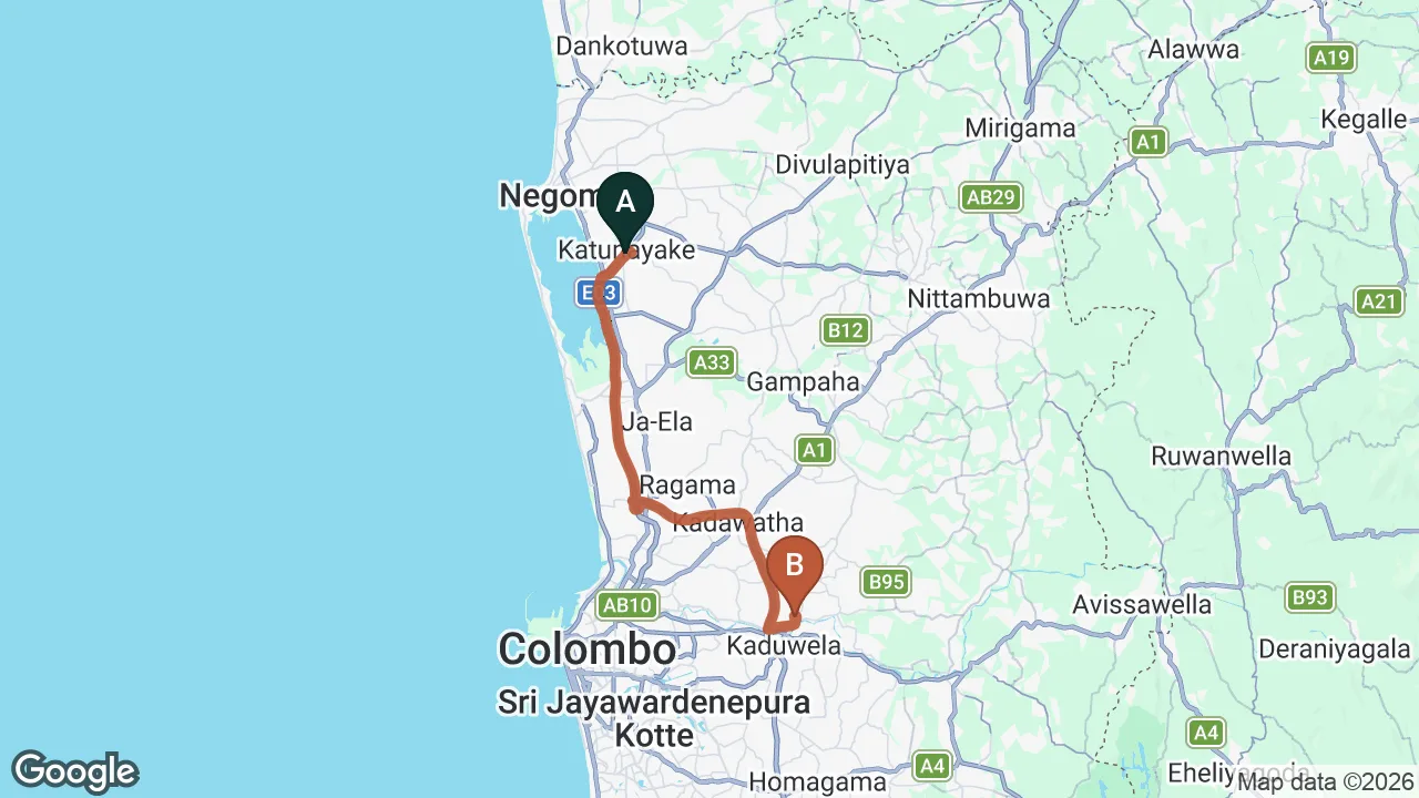 Route map: Colombo (CMB) Airport to Biyagama City