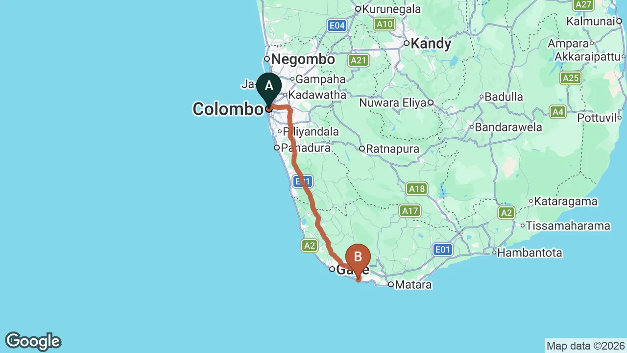Route map: Colombo City to Ahangama City