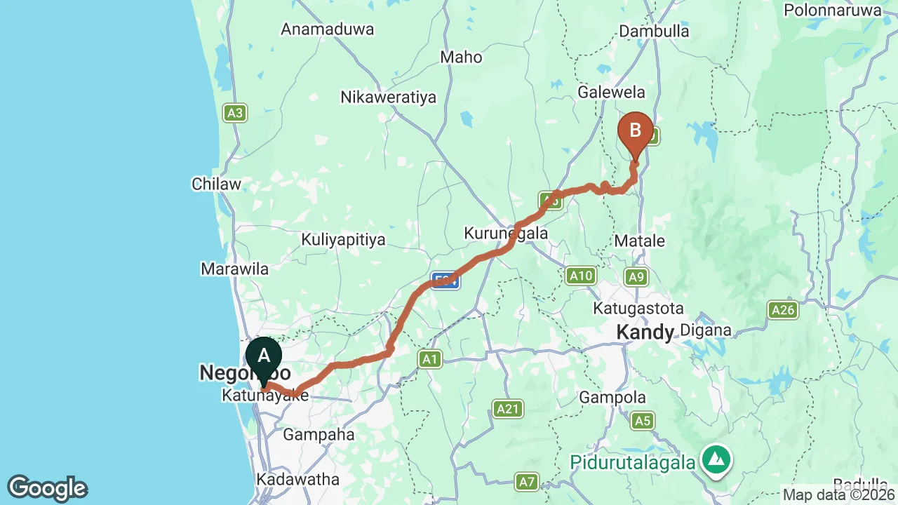 Route map: Colombo (CMB) Airport to Kinigama City