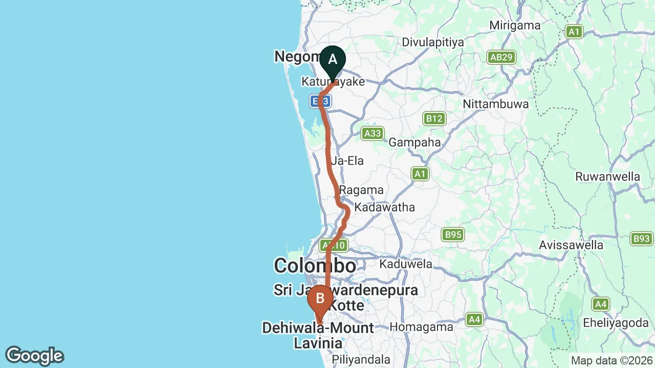 Route map: Colombo (CMB) Airport to Clock Inn, Dehiwala
