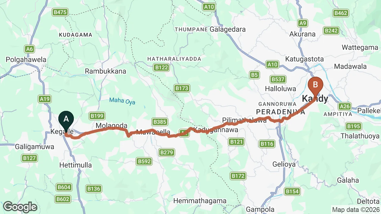 Route map: Kegalle City to Kandy City