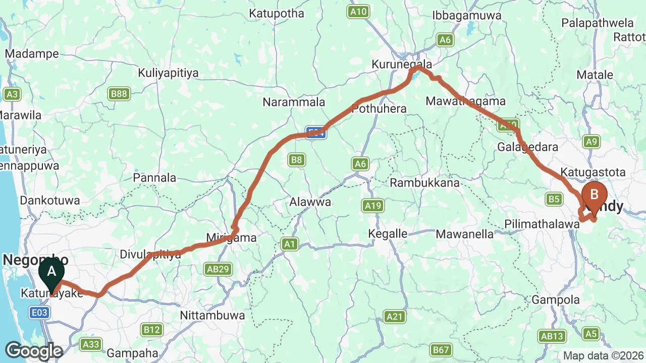 Route map: Colombo (CMB) Airport to Kandy Hill Villa, Kandy