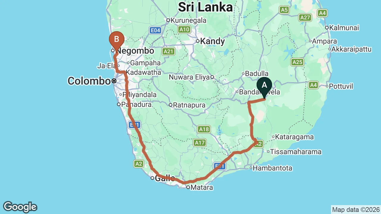 Route map: Buttala City to Colombo (CMB) Airport