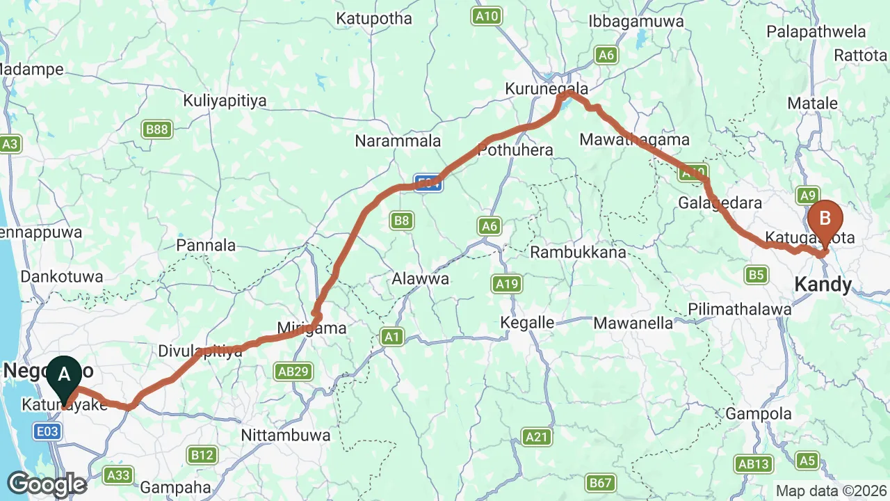 Route map: Colombo (CMB) Airport to Holiday Home, Kandy