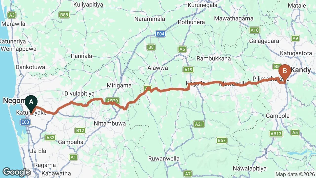 Route map: Colombo (CMB) Airport to Hotel Lagone- Kandy, Kandy