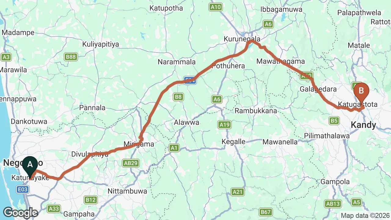 Route map: Colombo (CMB) Airport to PEAK VIEW REST, Kandy