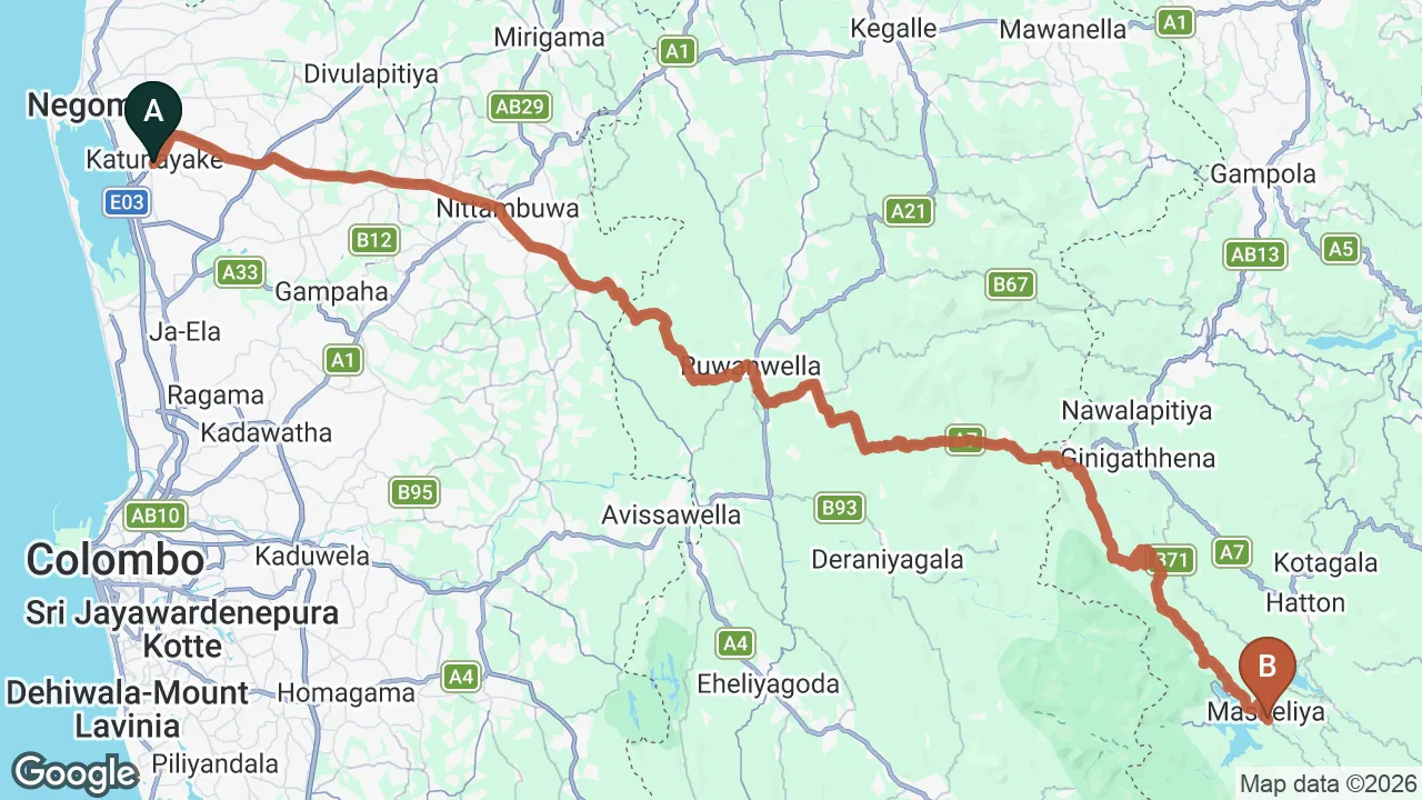 Route map: Colombo (CMB) Airport to Madusha Rest, Hatton
