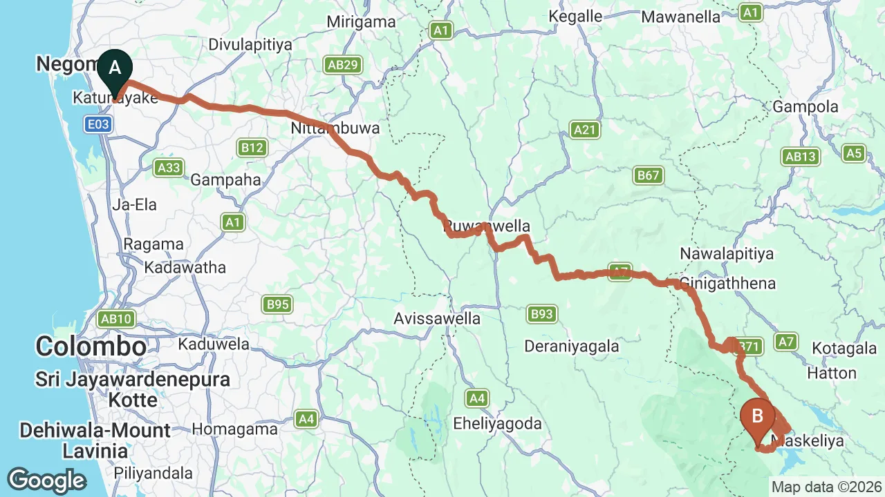 Route map: Colombo (CMB) Airport to Punsisi Rest, Hatton