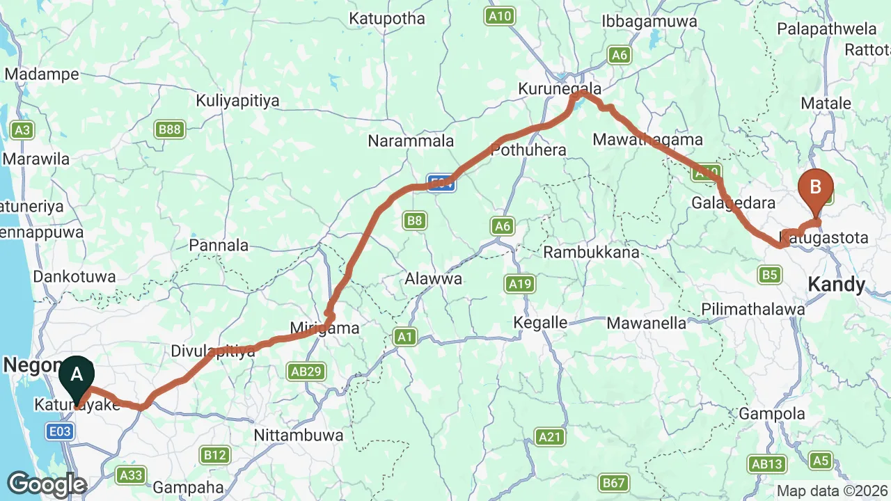 Route map: Colombo (CMB) Airport to Elegant Hotel, Ambatenna