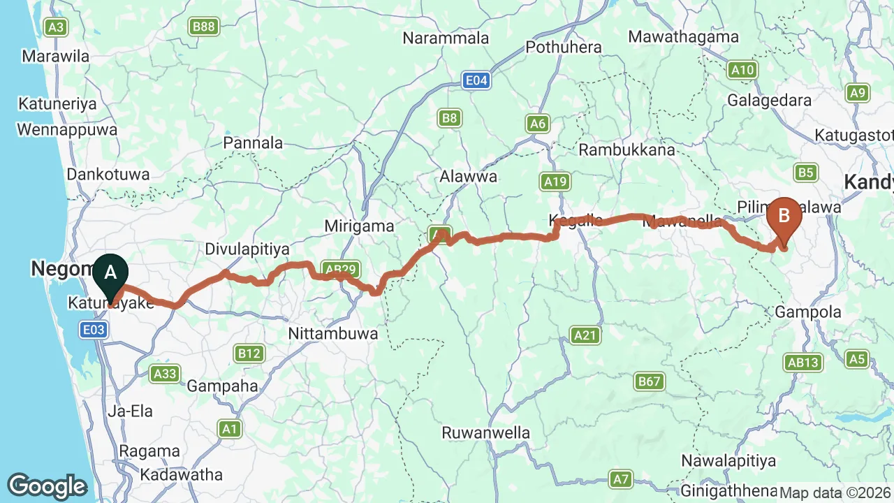 Route map: Colombo (CMB) Airport to Athulya Villas, Kandy