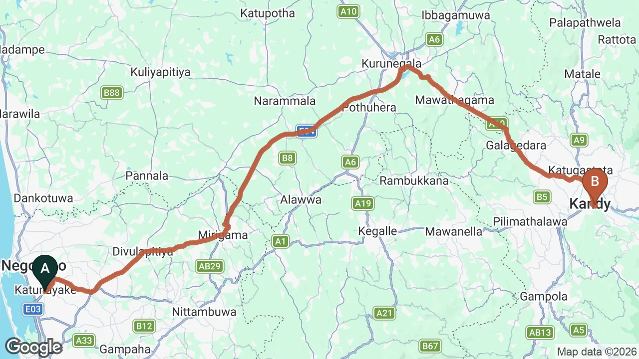 Route map: Colombo (CMB) Airport to Hotel See Kandy, Kandy