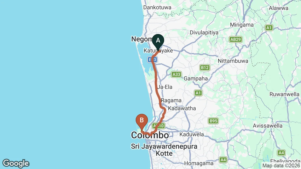 Route map: Colombo (CMB) Airport to Colombo City