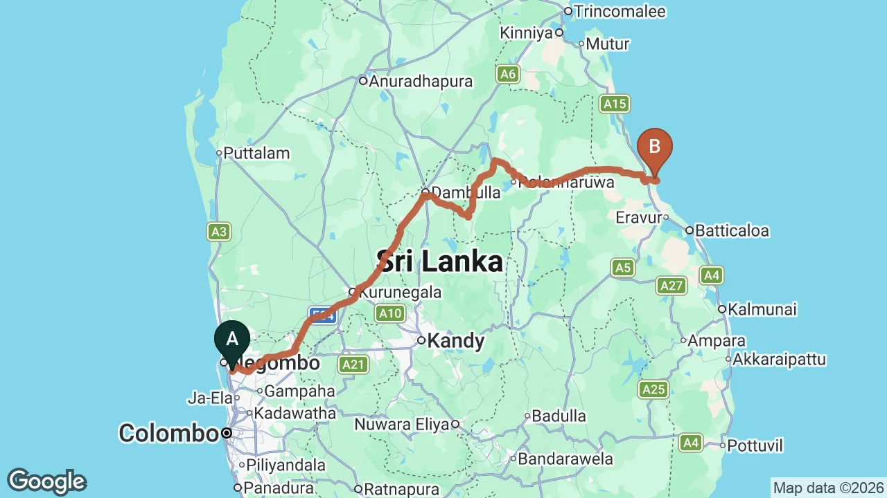Route map: Colombo (CMB) Airport to Uga Bay, KALKUDHA, PASSIKUDHA