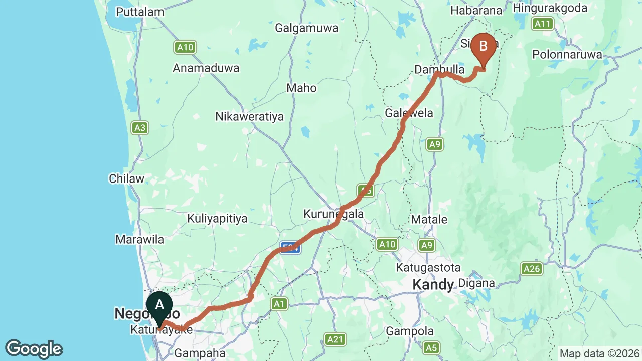 Route map: Colombo (CMB) Airport to Wilpattu City