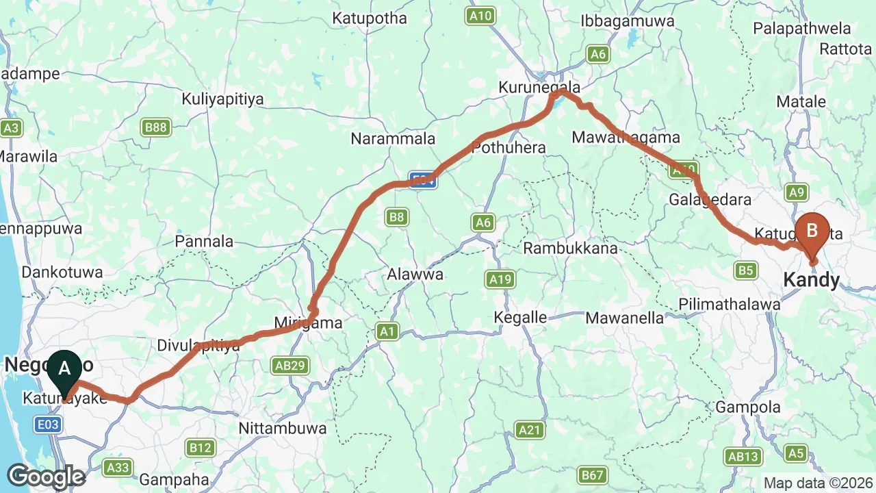 Route map: Colombo (CMB) Airport to The Change, Kandy