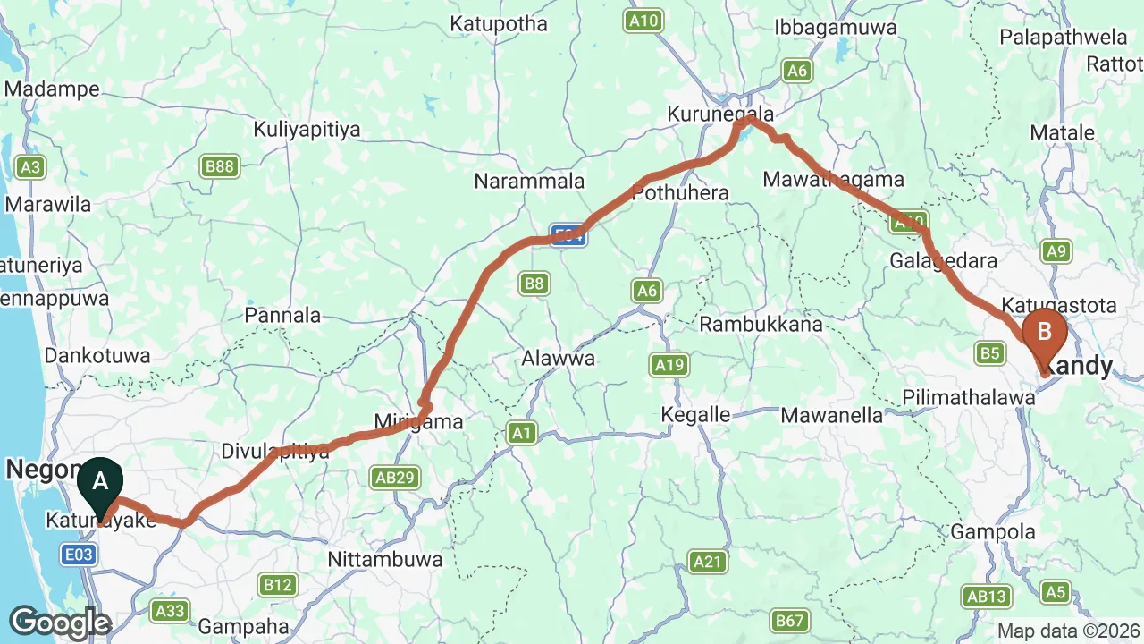 Route map: Colombo (CMB) Airport to Earl's Regency, Kandy