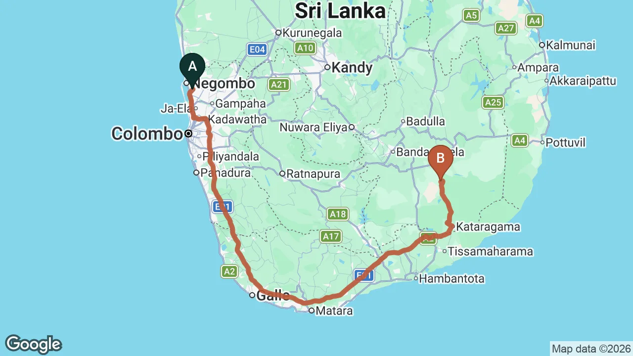 Route map: Colombo (CMB) Airport to Wild Escape, Buttala