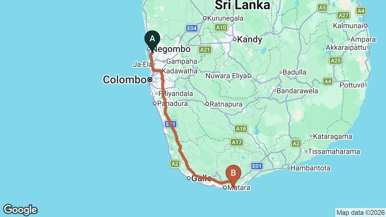 Route map: Colombo (CMB) Airport to Villa BRH, Talalla