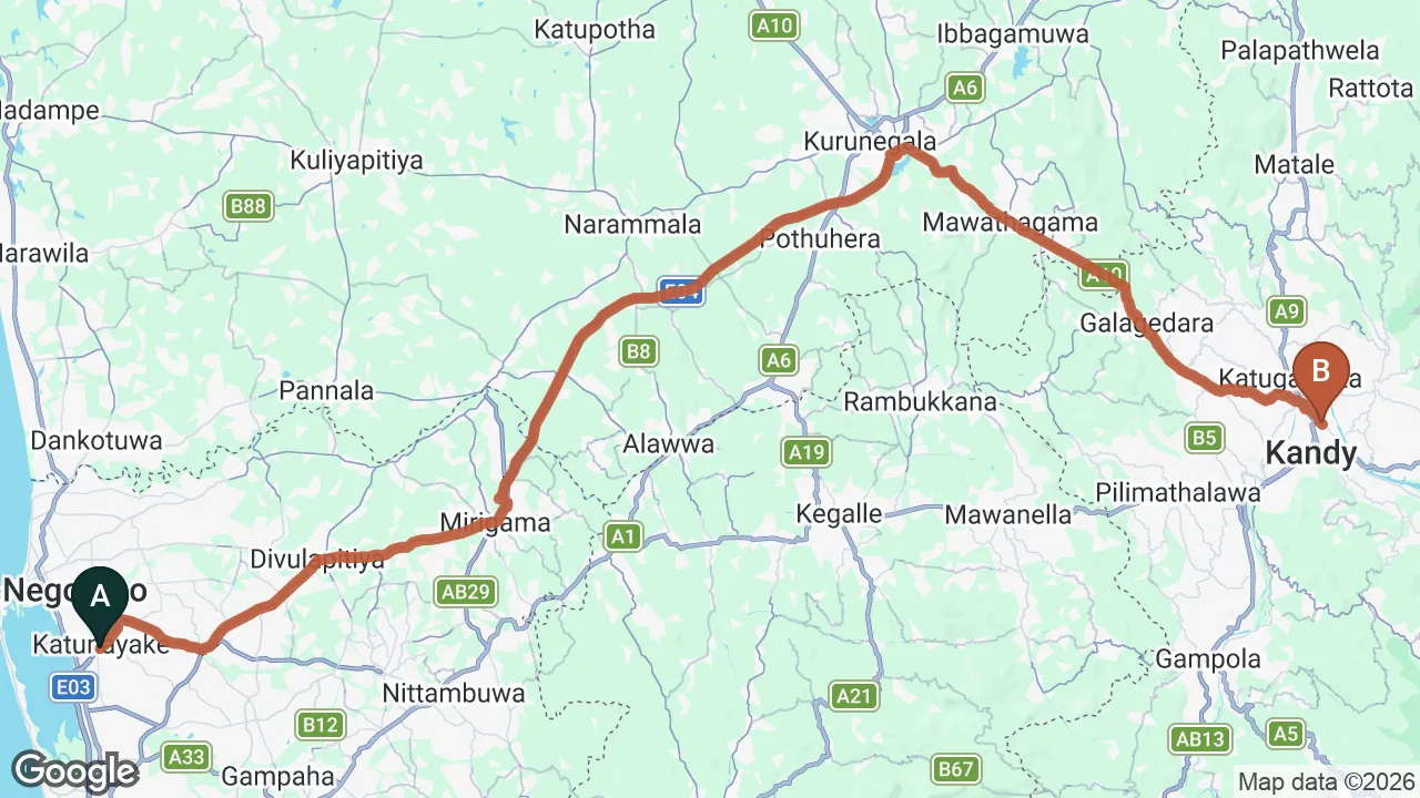 Route map: Colombo (CMB) Airport to View 360, Kandy