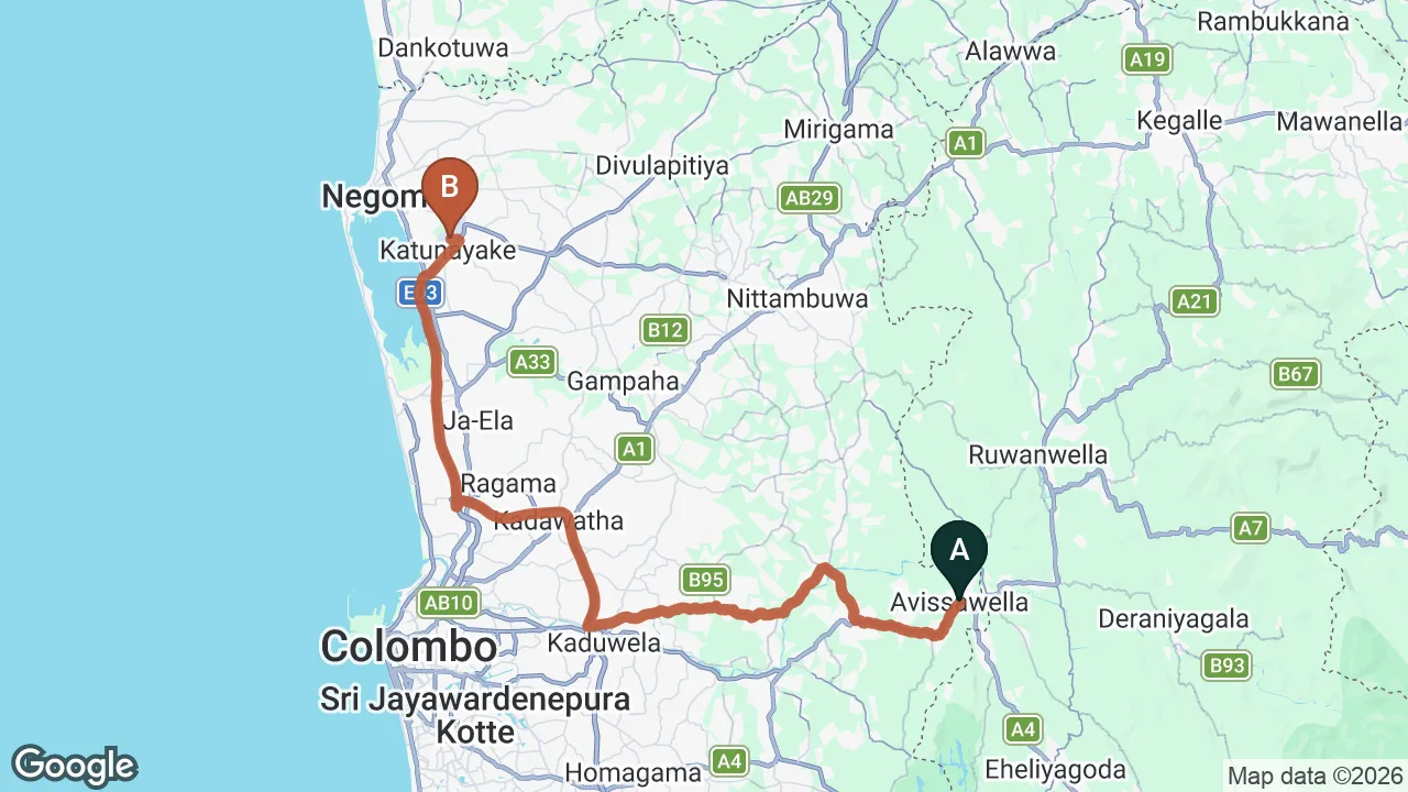 Route map: Avissawella City to Colombo (CMB) Airport
