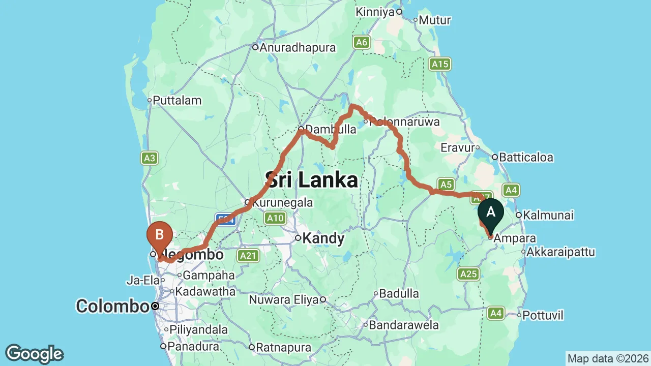 Route map: Ampara City to Colombo (CMB) Airport