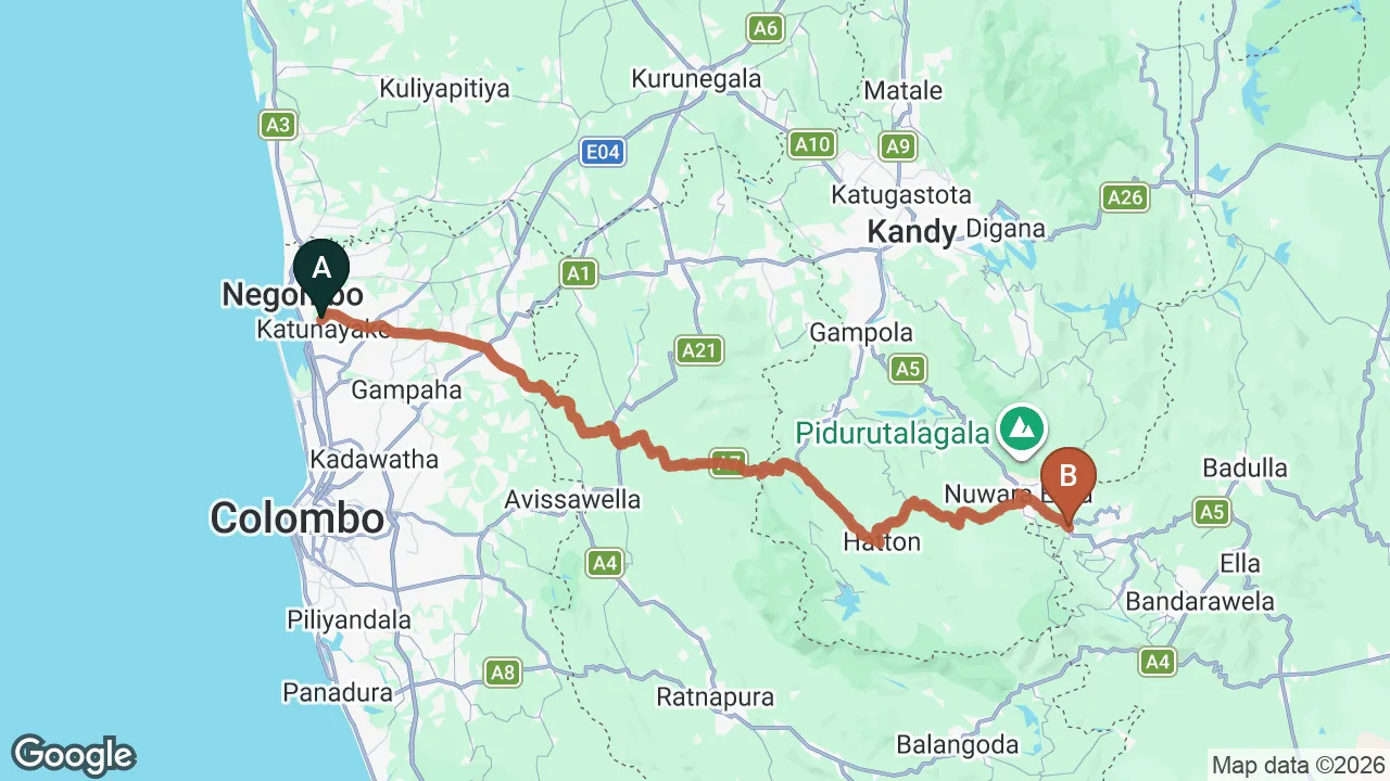 Route map: Colombo (CMB) Airport to Haggala City