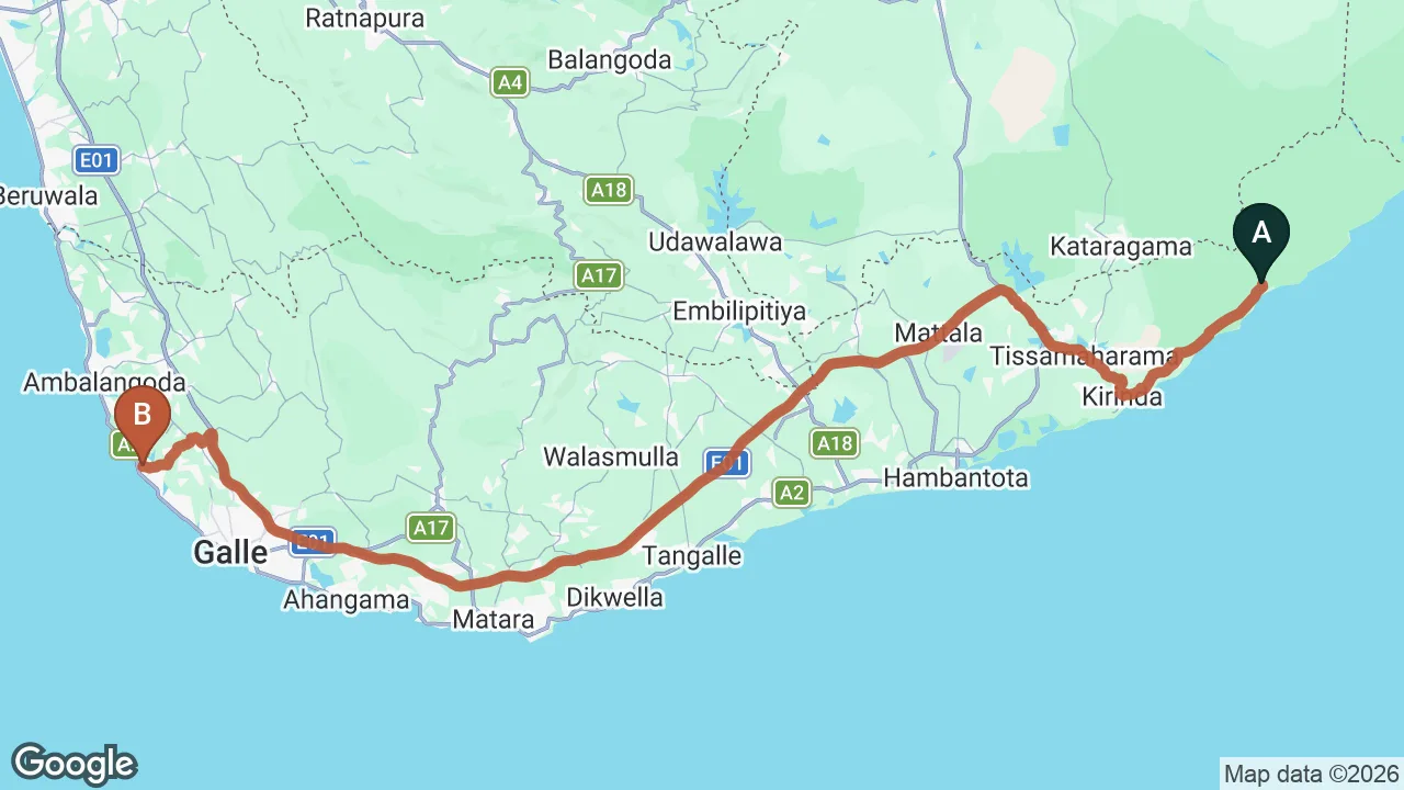 Route map: Yala City to Hikkaduwa City