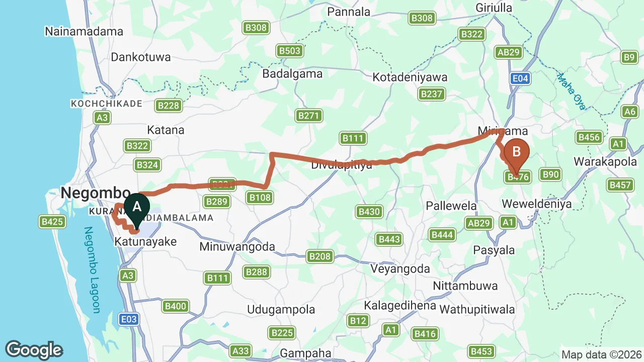 Route map: Colombo (CMB) Airport to Weweldeniya City