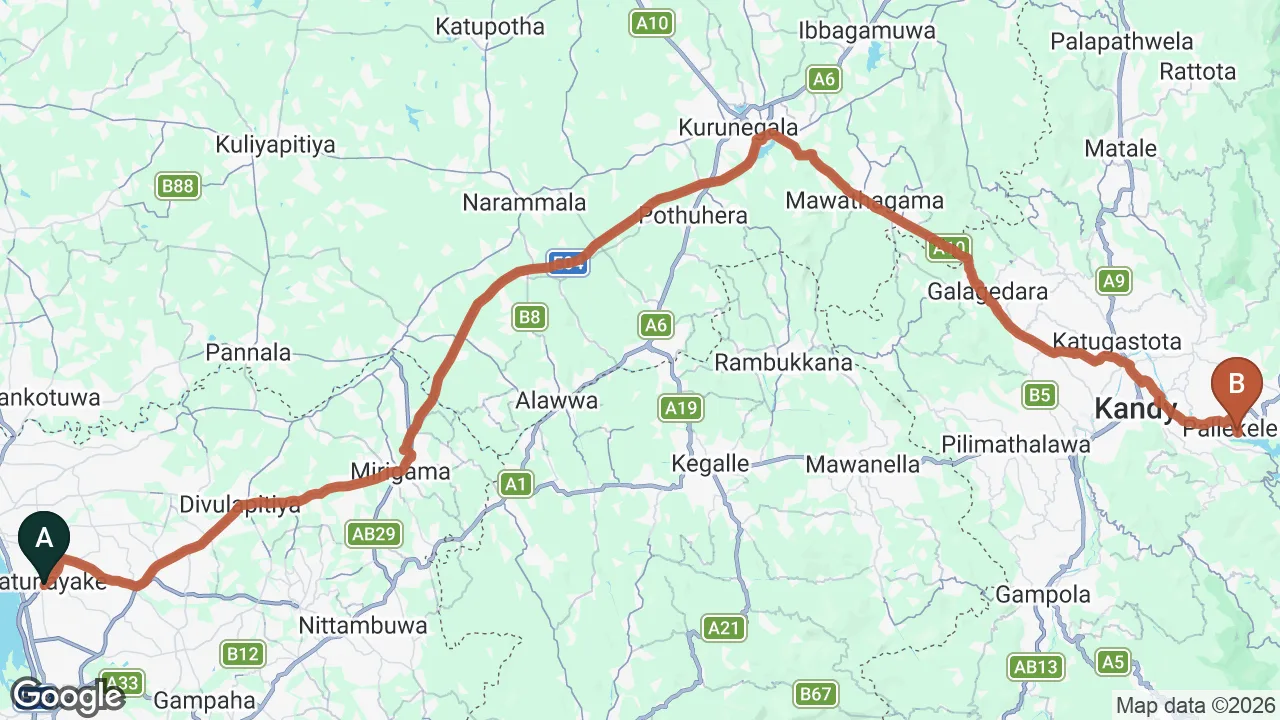 Route map: Colombo (CMB) Airport to Winter Villa, Kandy