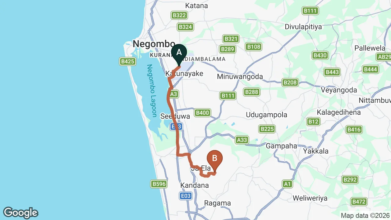 Route map: Colombo (CMB) Airport to Polpithimukulana City