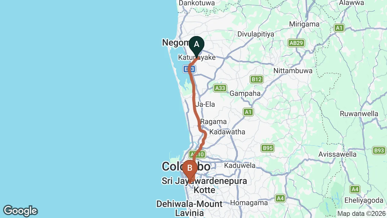 Route map: Colombo (CMB) Airport to Hideout Colombo, Colombo