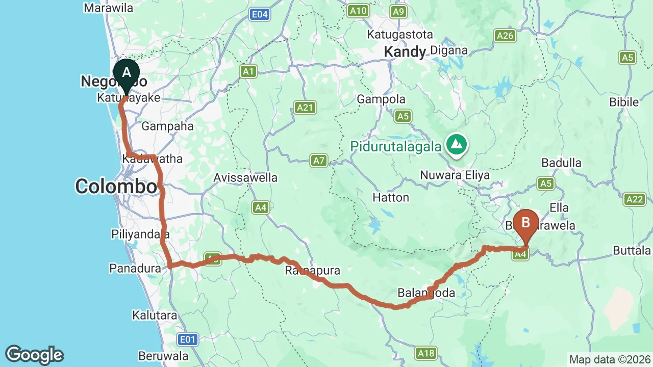 Route map: Colombo (CMB) Airport to Haputale City