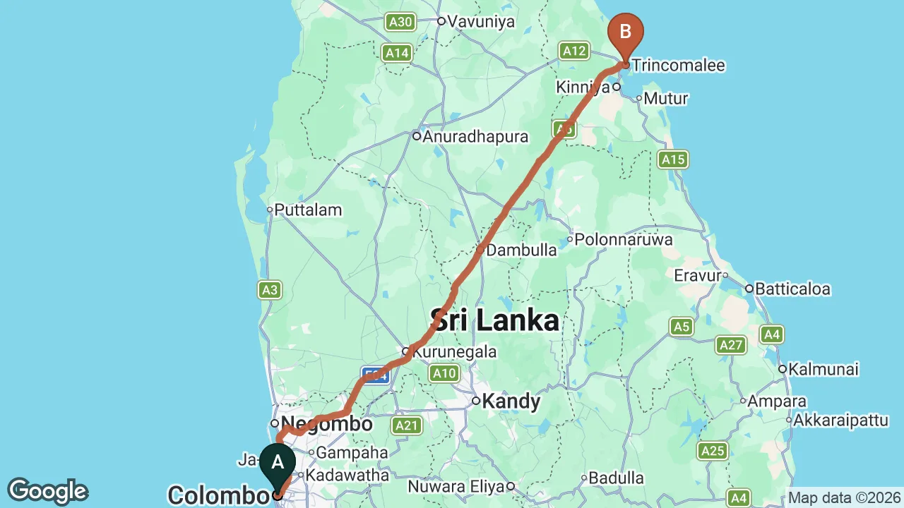 Route map: Colombo City to Trincomalee City