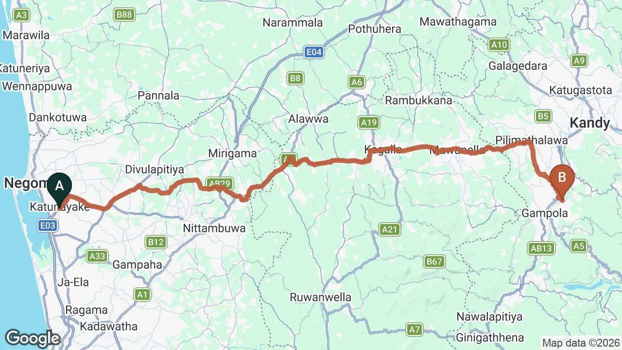 Route map: Colombo (CMB) Airport to Kandy Cabana, Kandy