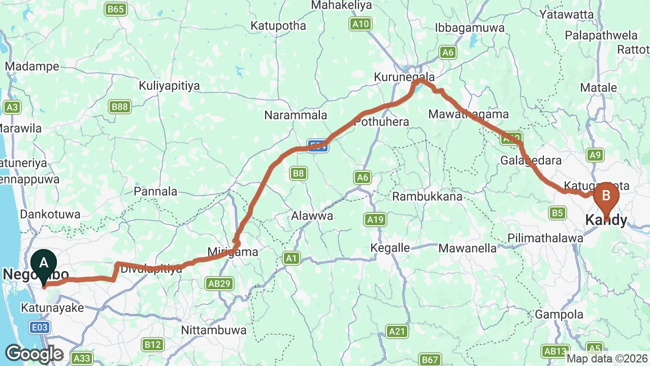 Route map: Negombo City to Kandy City