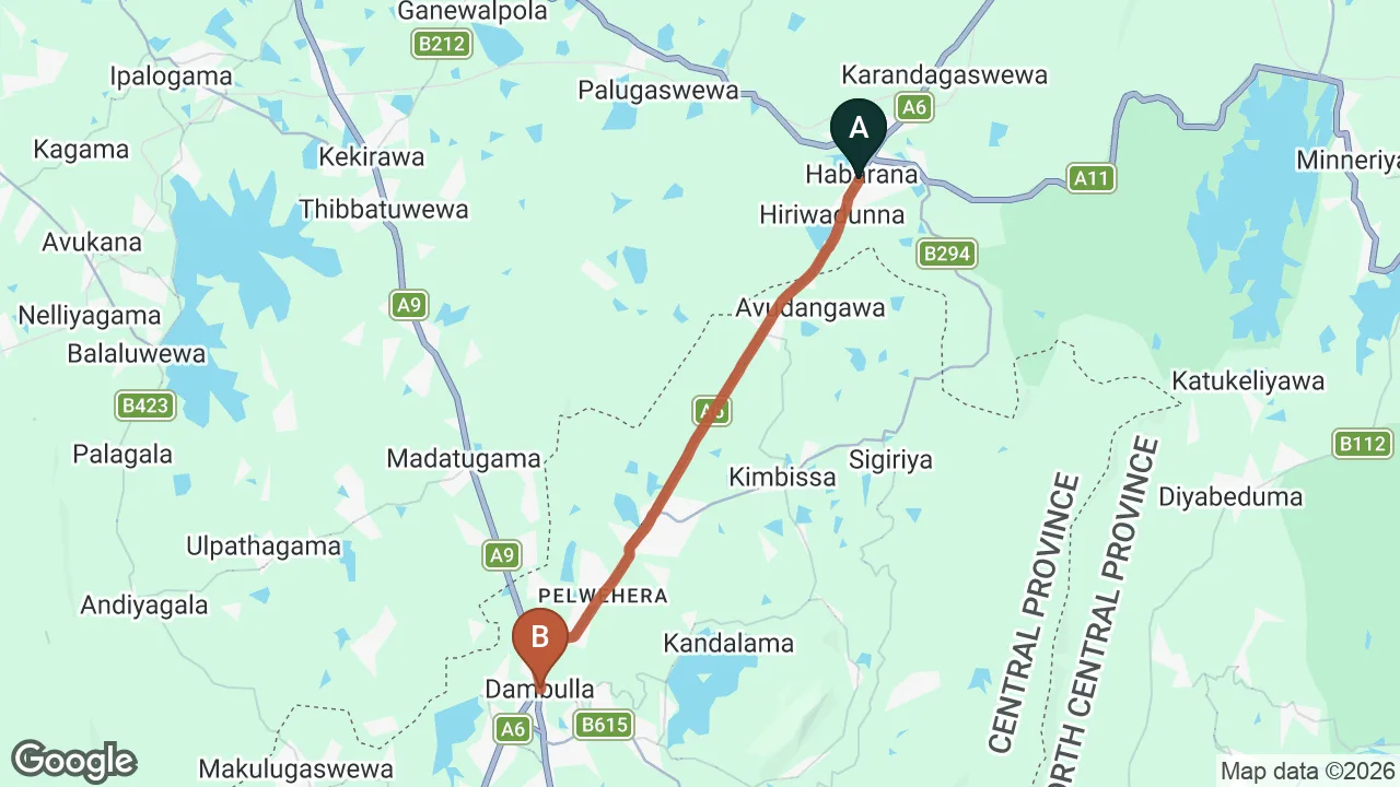 Route map: Habarana City to Dambulla City