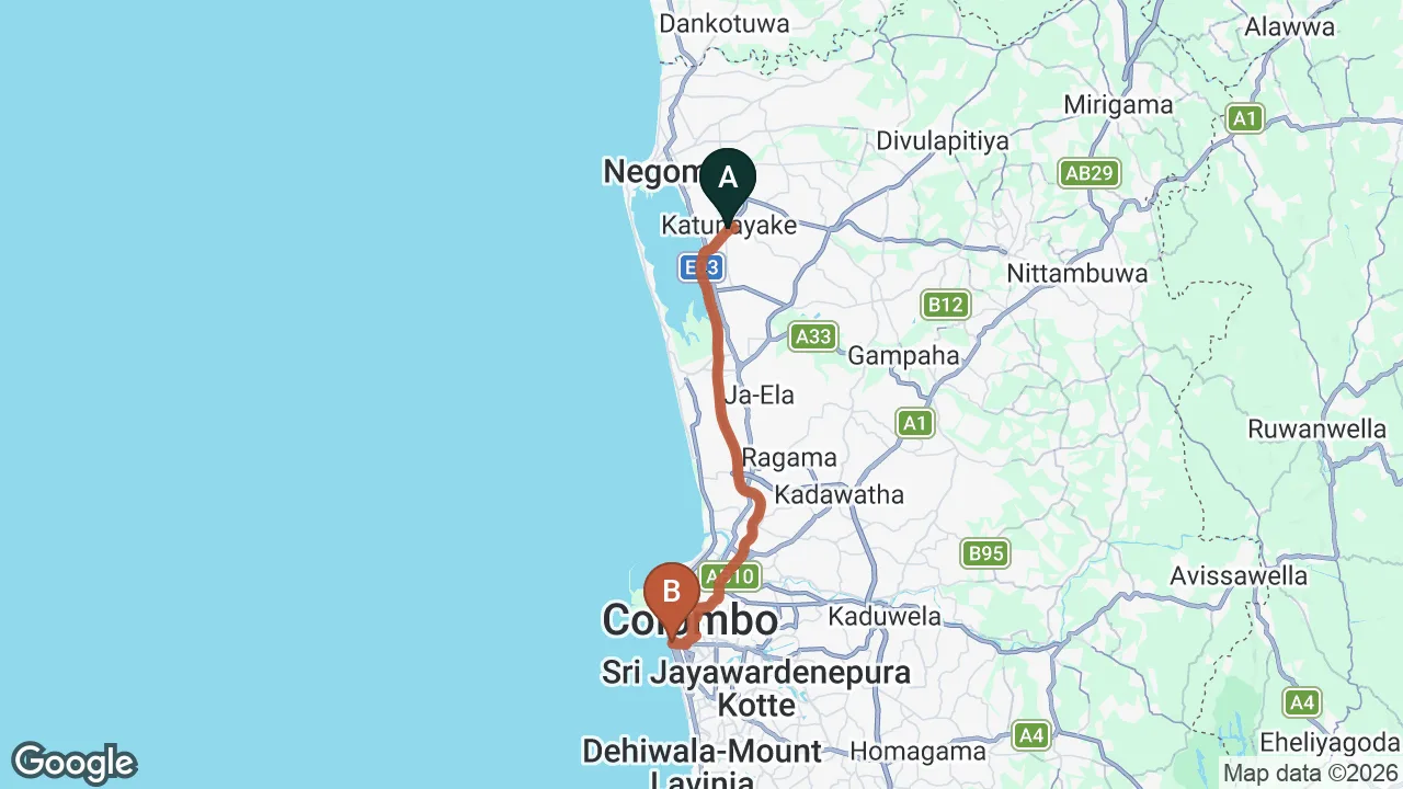 Route map: Colombo (CMB) Airport to Dwell, Colombo