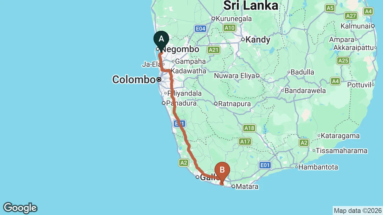 Route map: Colombo (CMB) Airport to Seven Plus Villa, Mirissa
