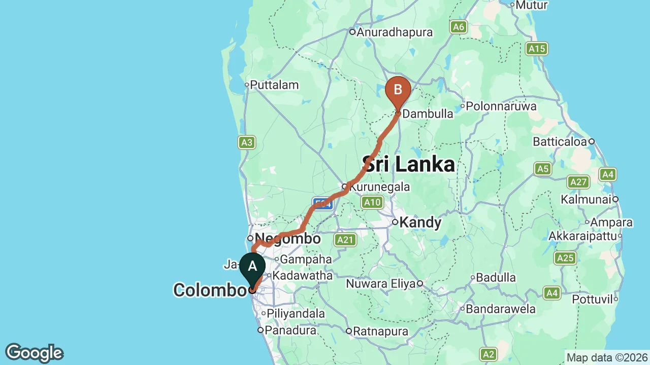 Route map: Colombo City to Dambulla City