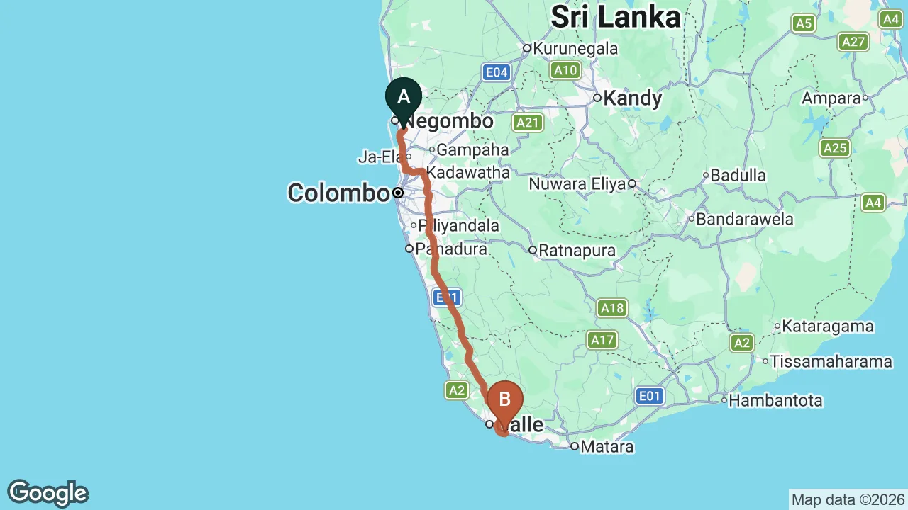 Route map: Colombo (CMB) Airport to Footprints, Talpe