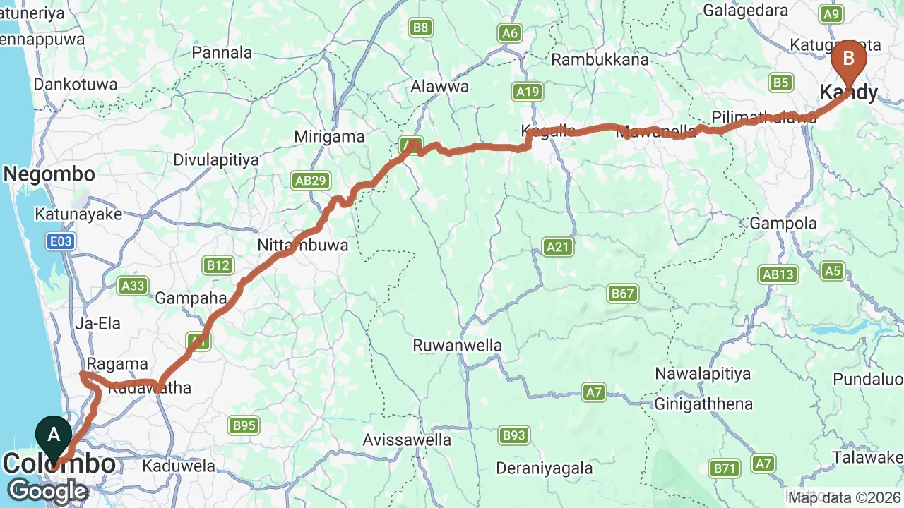 Route map: Colombo City to Kandy City
